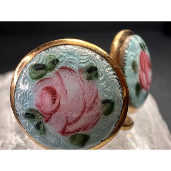 Vintage MCM Gold Tone Guilloche Enamel Pink Rose Screw Back Earrings - Picture 5 of 9